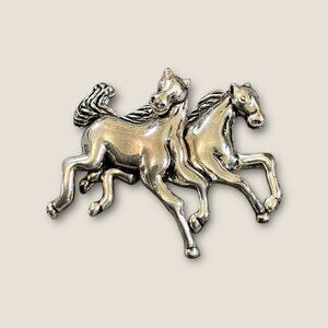 Silver-Toned Double Galloping Horse Brooch Pin Jewelry 1.75 x 1.5 Inches Vintage